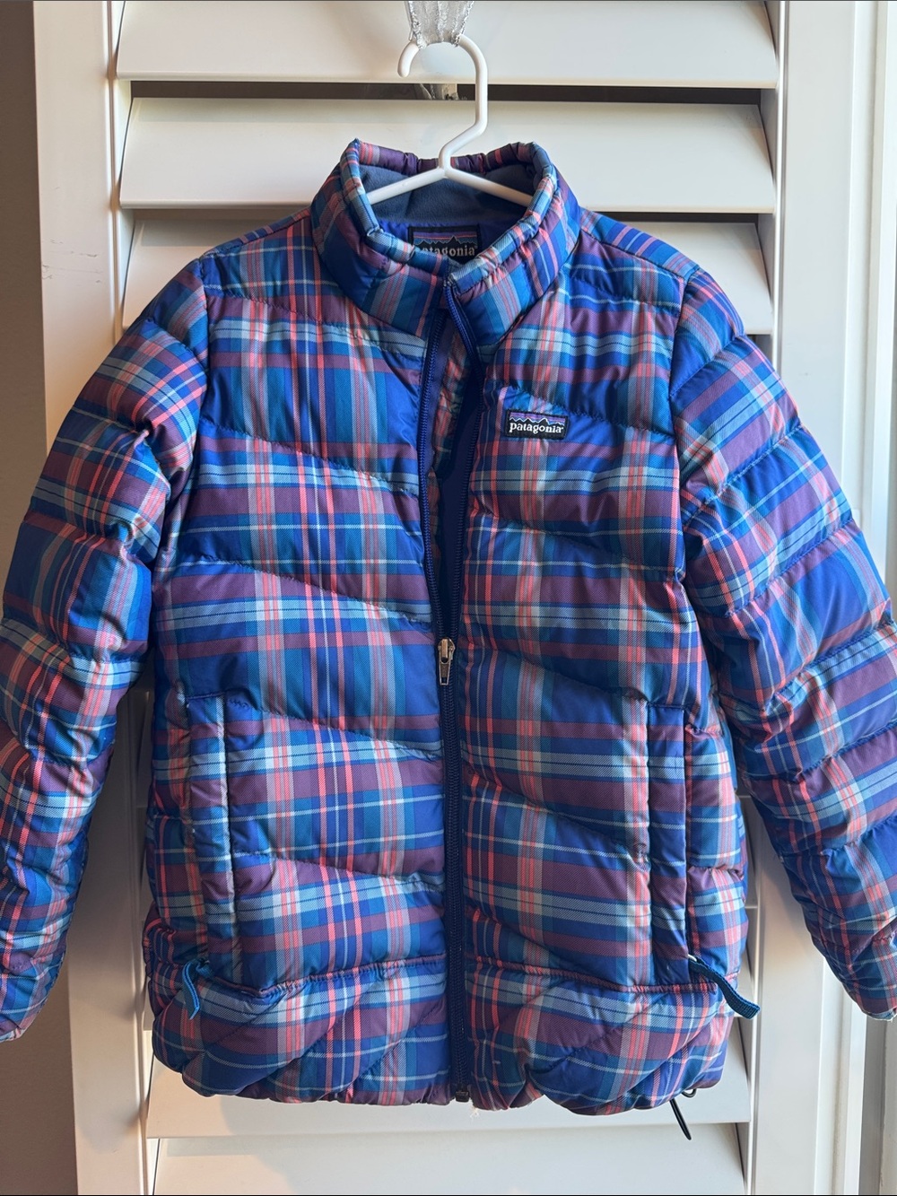Patagonia Kids Blue and Pink Plaid Puffer Jacket